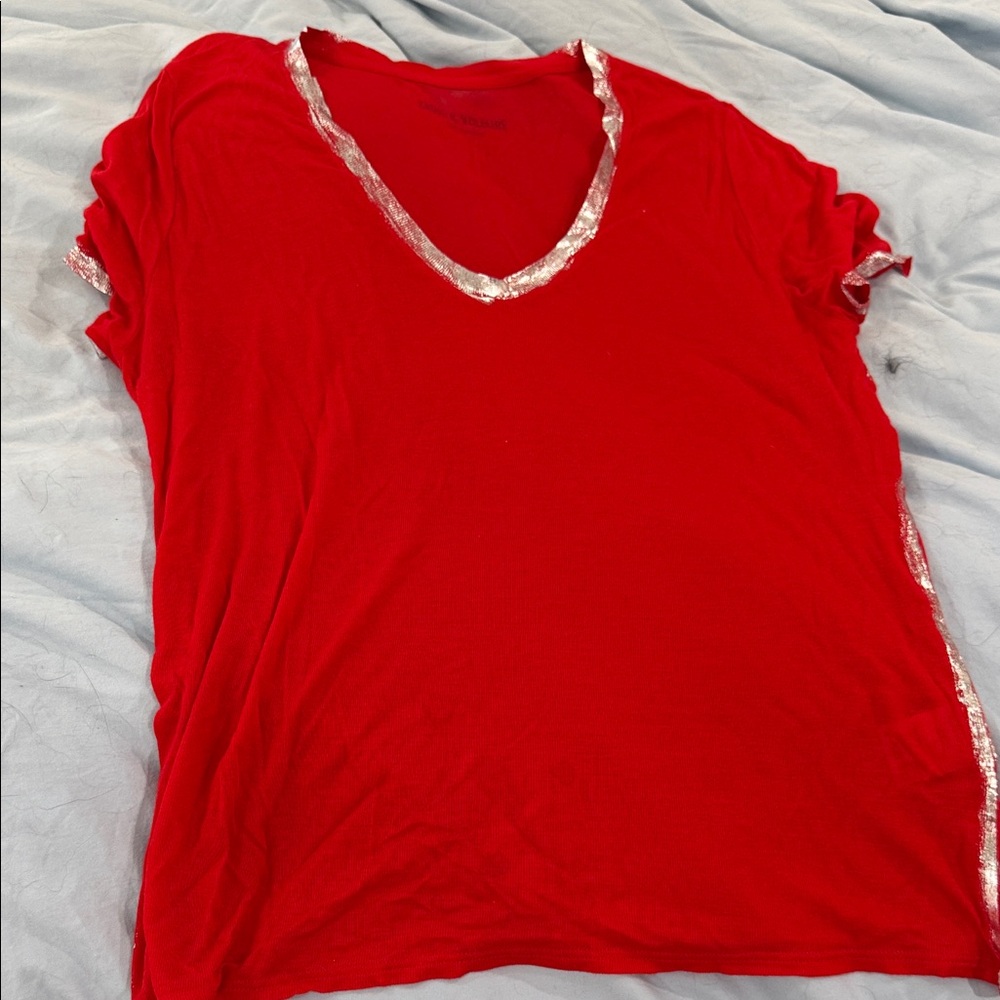 Zadig and Voltaire red Tino foil V- Neck Women's Top with silver trim